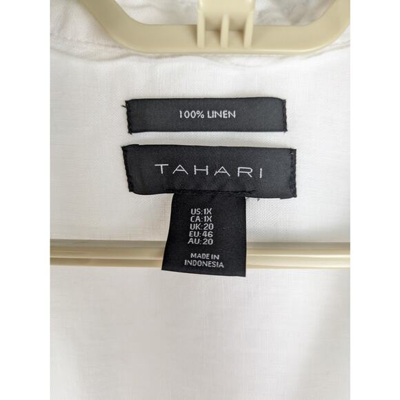 Tahari size 1X White 100% Linen Button Front Tunic Length Shirt Roll Tab Sleeve - Picture 4 of 7